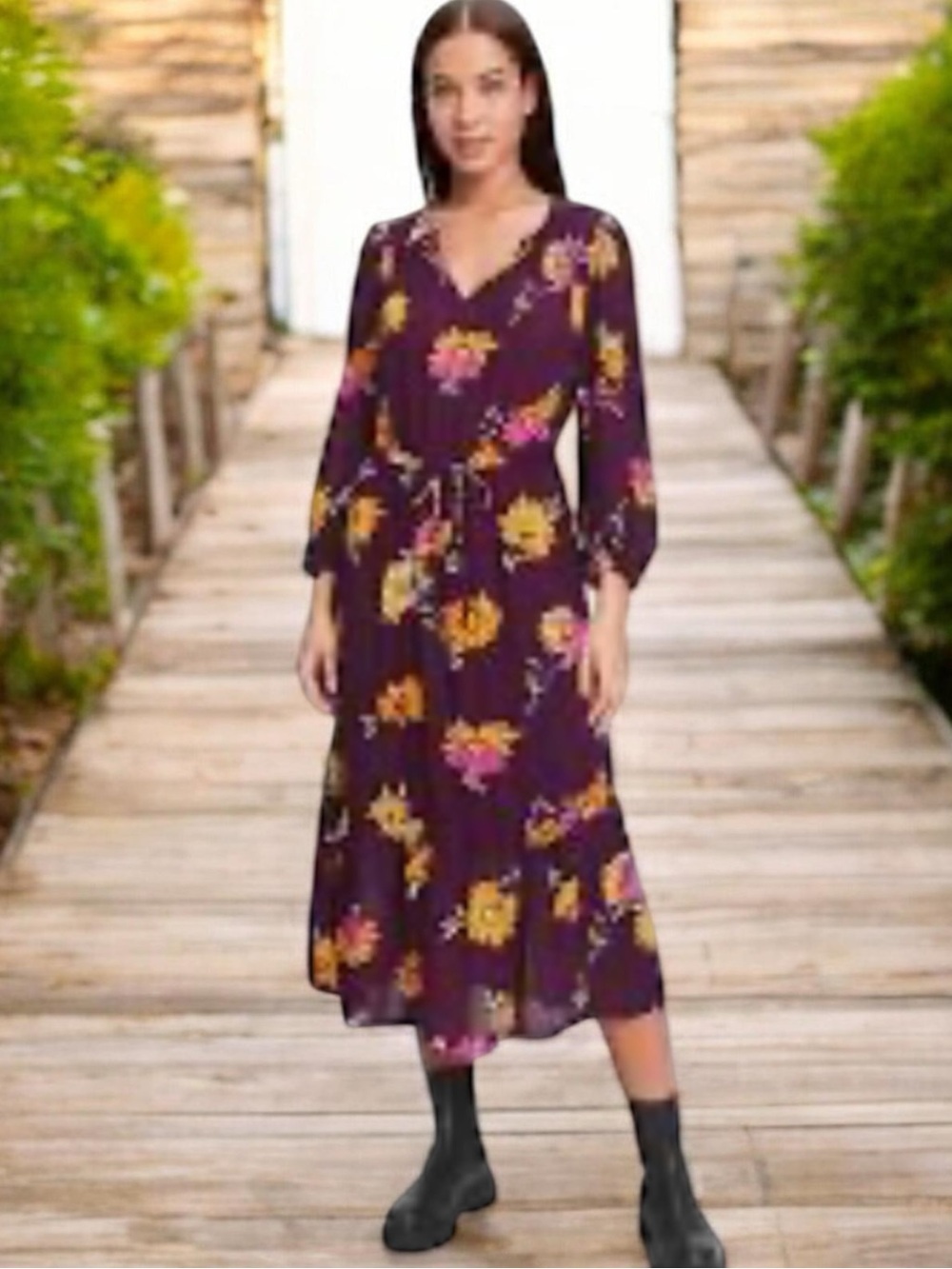 GAP Purple Floral Maxi Dress with Yellow & Pink Blooms perfect for fall season
